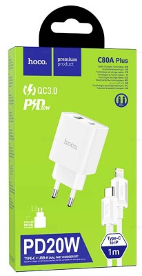 Сетевое зар. устр. Hoco C80A Plus с шнуром Type-C на Lightning 1USB/1С PD3.0/QC3.0 3A 20W белое Сетевое зар. устр. Hoco C80A Plus с шнуром Type-C на Lightning 1USB/1С PD3.0/QC3.0 3A 20W белое