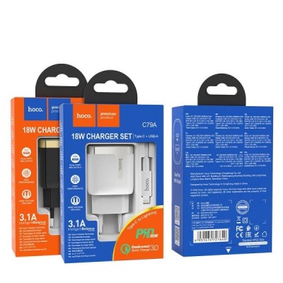 Сетевое зар. устр. Hoco C79A с шнуром Type-C на Lightning 1USB/1С PD3.0/QC3.0 3A 18W черное Сетевое зар. устр. Hoco C79A с шнуром Type-C на Lightning 1USB/1С PD3.0/QC3.0 3A 18W черное