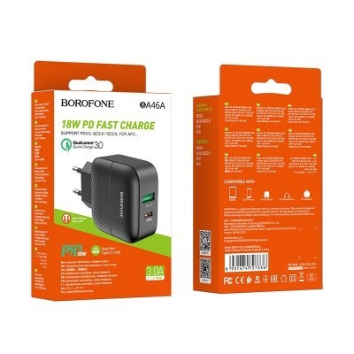 Сетевое зар. устр. Borofone BA46A 1USB/1C PD3.0/QC3.0 3A 18W черное Сетевое зар. устр. Borofone BA46A 1USB/1C PD3.0/QC3.0 3A 18W черное