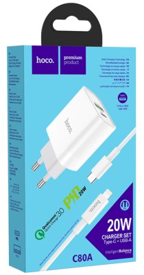 Сетевое зар. устр. Hoco C80A с шнуром Type-C на Lightning 1USB/1С PD3.0/QC3.0 3A 20W белое Сетевое зар. устр. Hoco C80A с шнуром Type-C на Lightning 1USB/1С PD3.0/QC3.0 3A 20W белое