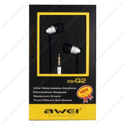 Стереонаушники внутриканальные AWEI ES-Q2 1.2м в тканевой оплётке серебристый Стереонаушники внутриканальные AWEI ES-Q2 1.2м в тканевой оплётке серебристый