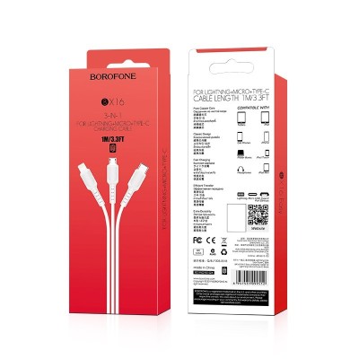 Usb Кабель-зарядка Borofone X16 3-in-1 Easy Lightning/Micro/Type-C 2.4A 1м силиконовый белый Usb Кабель-зарядка Borofone X16 3-in-1 Easy Lightning/Micro/Type-C 2.4A 1м силиконовый белый