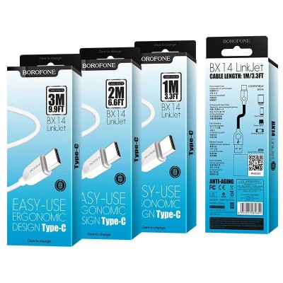 Usb Кабель-зарядка Type-C Borofone BX14 3м 3A силиконовый белый Usb Кабель-зарядка Type-C Borofone BX14 3м 3A силиконовый белый