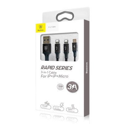 Usb Кабель-зарядка Micro+Dual Lightning Baseus Rapid 3A 1.2м (CAMLL-SU01) черный Usb Кабель-зарядка Micro+Dual Lightning Baseus Rapid 3A 1.2м (CAMLL-SU01) черный