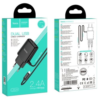 Сетевое зар. устр. Hoco C82A с шнуром Lightning 2USB, 2.4A черное Сетевое зар. устр. Hoco C82A с шнуром Lightning 2USB, 2.4A черное