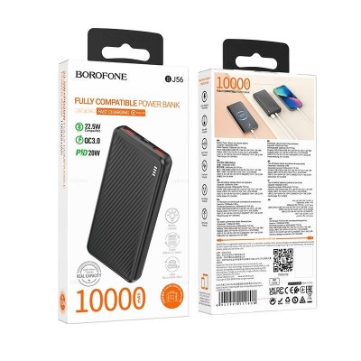 Powerbank с быстрой зарядкой - Borofone BJ56 - 10000mAh 2USB/1C - 22.5W/20W черный Powerbank Borofone BJ56 10000mAh 2USB/1C 22.5W/20W. .Вход: Type-C/Micro: 18W
выход: USB1/ 2:22.5W (QC/FCP/SCP/AFC);
Type-C: 20W (PD/QC/FCP/AFC); Общий выход: 5V/2A
Индикатор: LED индикатор.