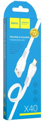 Usb Кабель-зарядка Lightning Hoco X40 Noah 2.4A 1м плоский силиконовый белый Usb Кабель-зарядка Lightning Hoco X40 Noah 2.4A 1м плоский силиконовый белый