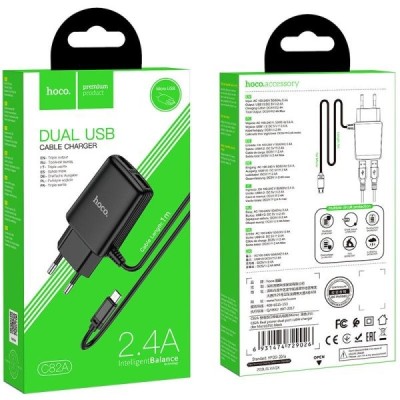 Сетевое зар. устр. Hoco C82A с шнуром Micro 2USB, 2.4A черное Сетевое зар. устр. Hoco C82A с шнуром Micro 2USB, 2.4A черное