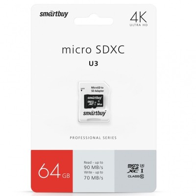 micro SDXC карта памяти Smartbuy 64GB Class 10 PRO U3 R/W:90/70 MB/s (с адаптером SD) micro SDXC карта памяти Smartbuy 64GB Class 10 PRO U3 R/W:90/70 MB/s (с адаптером SD)