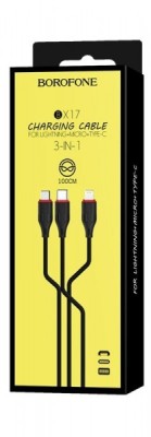Usb Кабель-зарядка Borofone X17 3-in-1 Enjoy Lightning/Micro/Type-C 2.4A 1м силиконовый чёрный Usb Кабель-зарядка Borofone X17 3-in-1 Enjoy Lightning/Micro/Type-C 2.4A 1м силиконовый чёрный