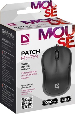 Мышь проводная Defender MS-759 Patch USB/DPI 1000/3 кнопки/1.1м черная Мышь проводная Defender MS-759 Patch USB/DPI 1000/3 кнопки/1.1м черная