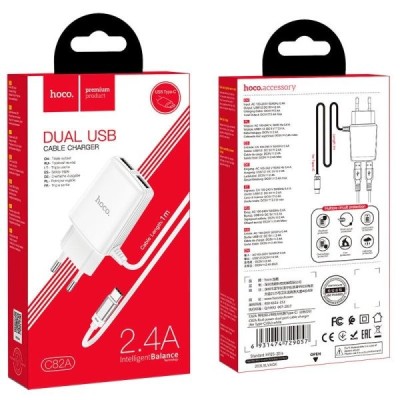 Сетевое зар. устр. Hoco C82A с шнуром Type-C 2USB, 2.4A белое Сетевое зар. устр. Hoco C82A с шнуром Type-C 2USB, 2.4A белое