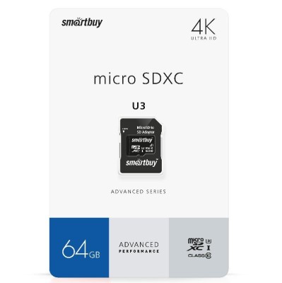 micro SDXC карта памяти Smartbuy 64GB U3 V30 A1 Advanced R/W up to 90/55 с адапт (SB64GBSDU1A-AD) micro SDXC карта памяти Smartbuy 64GB U3 V30 A1 Advanced R/W up to 90/55 с адапт (SB64GBSDU1A-AD)