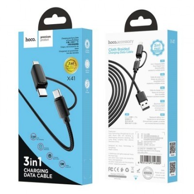 Usb Кабель-зарядка Micro Hoco X41 3в1 Micro/Lightning/Type-C 1м чёрный Usb Кабель-зарядка Micro Hoco X41 3в1 Micro/Lightning/Type-C 1м чёрный