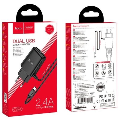 Сетевое зар. устр. Hoco C82A с шнуром Type-C 2USB, 2.4A черное Сетевое зар. устр. Hoco C82A с шнуром Type-C 2USB, 2.4A черное