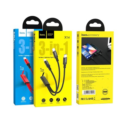 Usb Кабель-зарядка Hoco X14 3-in-1 Times Lightning/Micro/Type-C 2.4A 1м в тканевой оплётке чёрный Usb Кабель-зарядка Hoco X14 3-in-1 Times Lightning/Micro/Type-C 2.4A 1м в тканевой оплётке чёрный