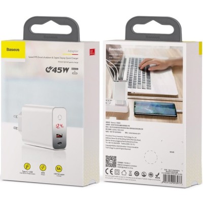 Сетевое зар. устр. Baseus Speed PPS Smart Shutdown 1USB+1C 5A 45W (CCFSEU907-02) белое Сетевое зар. устр. Baseus Speed PPS Smart Shutdown 1USB+1C 5A 45W (CCFSEU907-02) белое