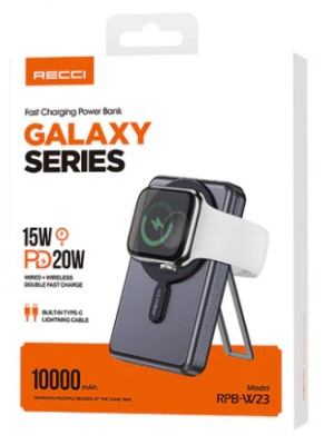 Powerbank с беспроводной зарядкой MagSafe Recci Galaxy RPB-W23 10000mAh 1C 15W/20W черный Powerbank с беспроводной зарядкой MagSafe Recci Galaxy RPB-W23 10000mAh 1C 15W/20W черный