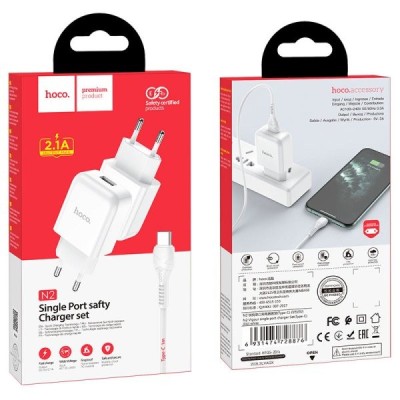 Сетевое зар. устр. Hoco N2 с шнуром Type-C 1USB, 2.1A белое Сетевое зар. устр. Hoco N2 с шнуром Type-C 1USB, 2.1A белое