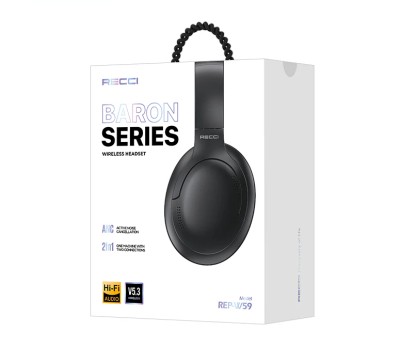 Стереонаушники Bluetooth Полноразмерные Recci Baron REP-W59 черные Стереонаушники Bluetooth Полноразмерные Recci Baron REP-W59.  Регулируемая bluetooth-гарнитура на ухе с поддержкой FM с поддержкой ANC.
Bluetooth v5.3 ANC (Active Noise Reduction) teknolojisi эффективно снижает уровень шума окружающей среды.Следите за радиопрограммами в любое время с поддержкой FM-радио.Он может одновременно подключаться к 2 устройствам с помощью функции One-drag Two-function.
Регулируемая конструкция оголовья.
Удобный эргономичный дизайн Он довольно мягкий и удобный благодаря легким материалам, используемым в его дизайне.Высокие басы и сильные высокие частоты качество звука.
Простота использования с функциональными кнопками.
Входной порт для зарядки Type-C.
Расстояние передачи 10 метров.
Емкость аккумулятора 300 мАч.
Время зарядки 2 часа.
Время использования 8 часов.
Динамическое качество звука для всех областей применения.
На гарнитуре; увеличение-уменьшение громкости, отключение звука, многофункциональные кнопки.