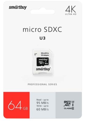 micro SDXC карта памяти Smartbuy 64GB Class 10 PRO U3 R/W:95/60 MB/s (с адаптером SD) micro SDXC карта памяти Smartbuy 64GB Class 10 PRO U3 R/W:95/60 MB/s (с адаптером SD)