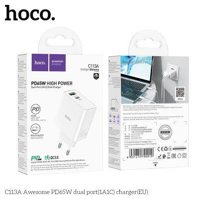 Сетевое зар. устр. Hoco C113A 1USB/1C 65W белое Сетевое зар. устр. Hoco C113A 1USB/1C 65W белое