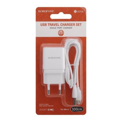 Сетевое зар. устр. Borofone BA19A 1USB с шнуром Micro 1A белое Сетевое зар. устр. Borofone BA19A 1USB с шнуром Micro 1A белое