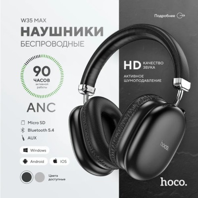Стереонаушники Bluetooth полноразмерные Hoco Music Max W35 V5.3/90ч черные Стереонаушники Bluetooth полноразмерные Hoco W35 Max V5.3/45ч черные