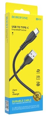 Usb Кабель-зарядка Type-C Borofone BX51 Trumph 3A 1м силиконовый черный Usb Кабель-зарядка Type-C Borofone BX51 Trumph 3A 1м силиконовый черный