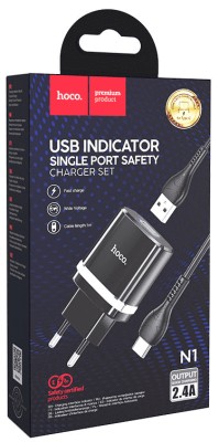 Сетевое зар. устр. Hoco N1 с шнуром Type-C 1USB 2.4A черное Сетевое зар. устр. Hoco N1 с шнуром Type-C 1USB 2.4A черное