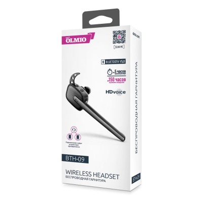 Bluetooth-гарнитура Olmio BTH-09 BT5.0/65mAh/5ч черная Bluetooth-гарнитура Olmio BTH-09 BT5.0/65mAh/5ч черная