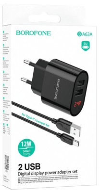 Сетевое зар. устр. Borofone BA63A 2USB 2.4A 12W с индикатором черное Сетевое зар. устр. Borofone BA63A 2USB 2.4A 12W с индикатором черный