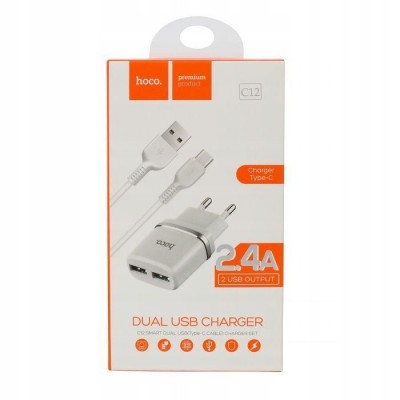 Сетевое зар. устр. Hoco C12 с шнуром Type-C 2USB, 2.4A белое Сетевое зар. устр. Hoco C12 с шнуром Type-C 2USB, 2.4A белое