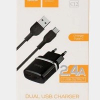Сетевое зар. устр. Hoco C12 с шнуром Type-C 2USB, 2.4A черное