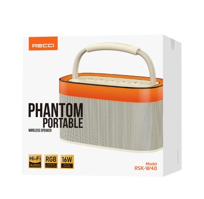 Bluetooth колонка Recci Phantom RSK-W40 бежевая Bluetooth колонка Recci Phantom RSK-W40 это высокое качество, легкая роскошь, нежная и портативная. Поддержка TF-карты, Bluetooth, нескольких режимов воспроизведения AUX.
 Встроенный аккумулятор емкостью 4000 мАч.
 Конструкция с двумя динамиками, супер стереозвук.
 Портативный компьютер на открытом воздухе, шокирует звуковое поле. Световой эффект: вращающейся воды, дышащий свет, свет бегущей лошади, свет движется со звуком.