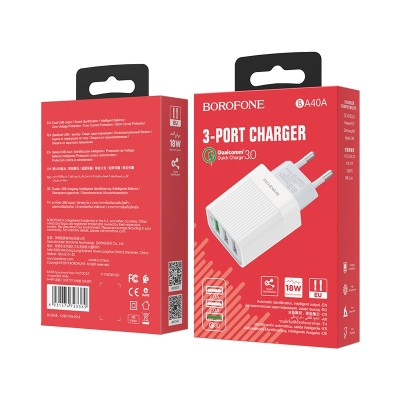 Сетевое зар. устр. Borofone BA40A 3USB QC3.0 18W белое Сетевое зар. устр. Borofone BA40A 3USB QC3.0 18W белое
