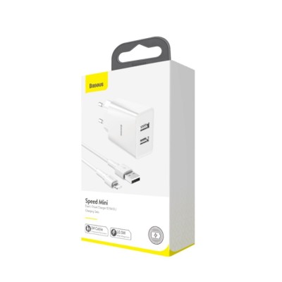 Сетевое зар. устр. Baseus Speed Mini 2USB кабель Lightning 2.1A 10.5W (TZCCFS-R02) белое Сетевое зар. устр. Baseus Speed Mini 2USB кабель Lightning 2.1A 10.5W (TZCCFS-R02) белое