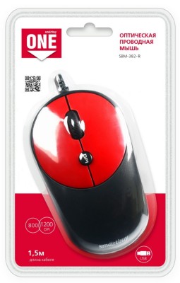 Мышь проводная Smartbuy ONE 382 USB/DPI 800-1200/4 кнопки/1.5м (SBM-382-R) черно-красная Мышь проводная Smartbuy ONE 382 USB/DPI 800-1200/4 кнопки/1.5м (SBM-382-R) черно-красная