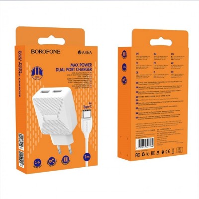 Сетевое зар. устр. Borofone BA45A с шнуром Type-C 2USB 2,4A белое Сетевое зар. устр. Borofone BA45A с шнуром Type-C 2USB 2,4A белое