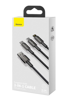 Baseus Tungsten Gold One-for-three Fast Charging Data Cable USB to M+L+C 3.5A 1.5m Black Кабель USB to USB-C, micro USB и lightning позволяет одновременно подключать до 3 устройств. Поддерживает быструю зарядку с максимальным напряжением 3,5 А. Позволяет передавать файлы со скоростью до 480 МБ/с. Прочный и долговечный - он отличается высокой устойчивостью к повреждениям и износу. Вы найдете в комплекте практичный ремешок на липучке для удобного хранения кабеля. Кабель оснащен 3 различными разъемами, поэтому он отличается широкой совместимостью и позволяет заряжать до 3 устройств одновременно. Разъем lightning подходит для iPhone. Он также позволяет передавать файлы. Разъем USB-C позволяет заряжать смартфоны Xiaomi, Samsung, Huawei и другие. Micro USB, с другой стороны, совместим со старыми телефонами Android и мелкой бытовой техникой. С помощью кабеля Baseus CAMLTWJ-01 вы сможете зарядить свой телефон в кратчайшие сроки. Устройство поддерживает максимальный ток 3,5 А, а одиночный разъем имеет ток 2А. Это означает, что ваши устройства будут готовы к работе через короткое время.