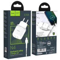 Сетевое зар. устр. Hoco N4 с шнуром Type-С 2USB 2.4A белое