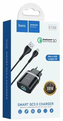 Сетевое зар. устр. Hoco C12Q с шнуром Micro 1USB QC3.0 2.4A черное Сетевое зар. устр. Hoco C12Q с шнуром Micro 1USB QC3.0 2.4A черное