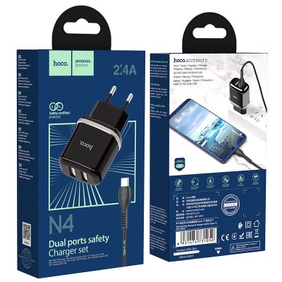 Сетевое зар. устр. Hoco N4 с шнуром Type-С 2USB 2.4A черное Сетевое зар. устр. Hoco N4 с шнуром Type-С 2USB 2.4A черное
