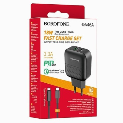 Сетевое зар. устр. Borofone BA46A с шнуром Type-C на Lightning 1USB/1C PD3.0/QC3.0 3A 18W черное Сетевое зар. устр. Borofone BA46A с шнуром Type-C на Lightning 1USB/1C PD3.0/QC3.0 3A 18W черное