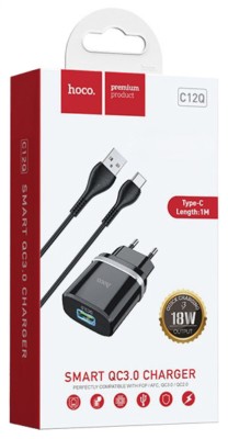 Сетевое зарядное устройство - Hoco C12Q - с шнуром Type-C - 1USB QC3.0 2.4A - черное Сетевое зар. устр. Hoco C12Q с шнуром Type-C 1USB QC3.0 2.4A черное