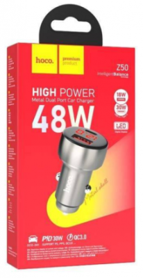 Автомобильное заряд. устр. Hoco Z50 1USB/1C 18W/30W серебристый Автомобильное заряд. устр. Hoco Z50 1USB/1C 18W/30W серебристый
