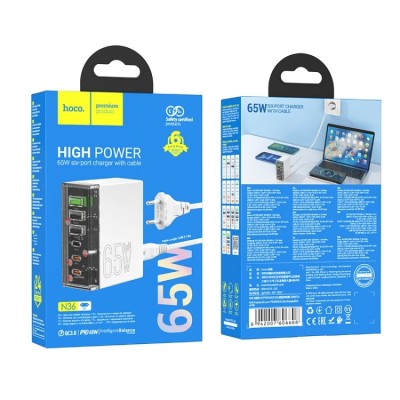 Сетевое зар. устр. Hoco N36 3USB/3Type-C 65W белое Сетевое зар. устр. Hoco N36 3USB/3Type-C 65W белое