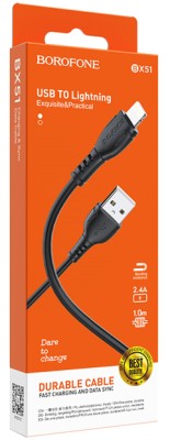 Usb Кабель-зарядка Lightning Borofone BX51 Triumph 2.4A 1м силиконовый черный Usb Кабель-зарядка Lightning Borofone BX51 Triumph 2.4A 1м силиконовый черный