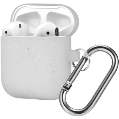 Силиконовый чехол для AirPods с карабином серебристый с блёстками Силиконовый чехол для AirPods с карабином серебристый с блёстками