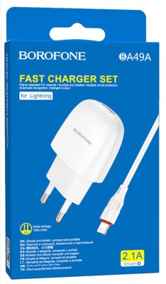 Сетевое зар. устр. Borofone BA49A с шнуром Lightning 1USB 2.1A белое Сетевое зар. устр. Borofone BA49A с шнуром Lightning 1USB 2.1A белое